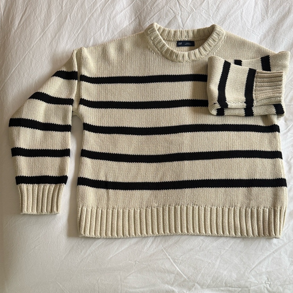 GAP Cream and Black Striped Crewneck Sweater